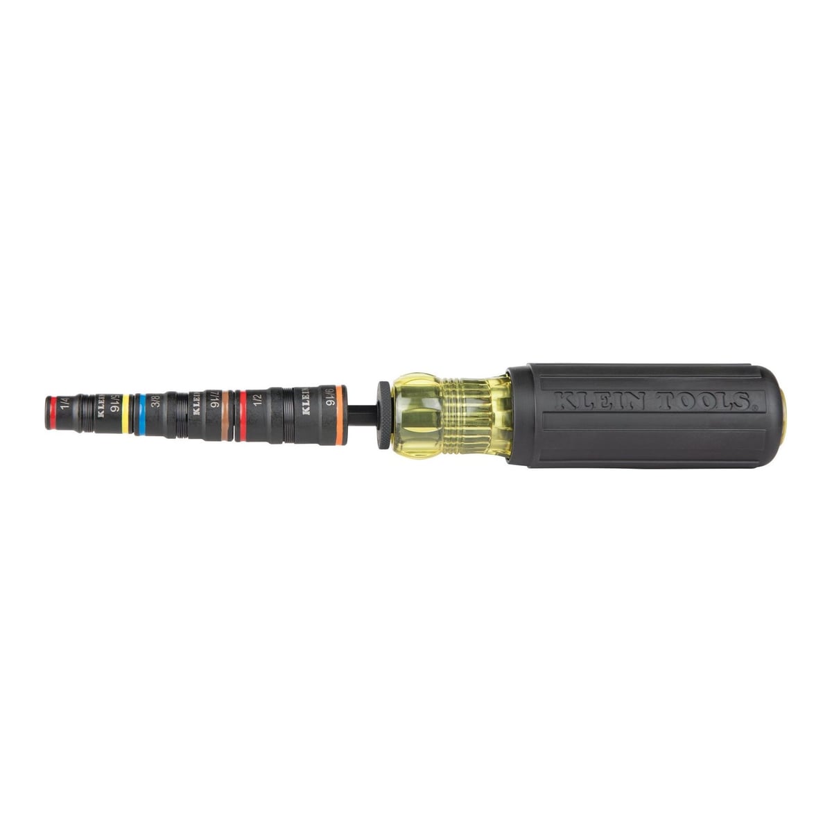 Klein Tools 32910 flip socket set: color-coded sockets stacked on a shaft in a black and yellow Klein handle