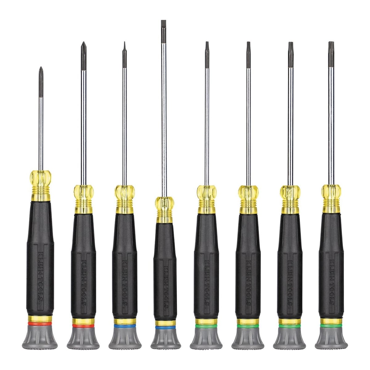 Klein Tools 85617 set of eight black and yellow precision screwdrivers standing in a row