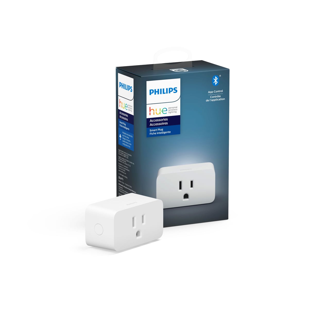 White Philips Hue Smart Plug with a US outlet, next to its retail box
